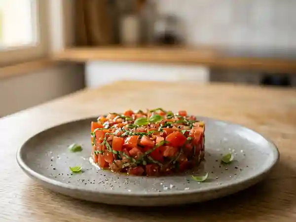 Tartare de tomates cerises au basilic frais, léger et savoureux - Photo de présentation