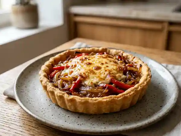 Tarte aigre-douce aux oignons caramélisés et poivrons fondants - Photo de présentation