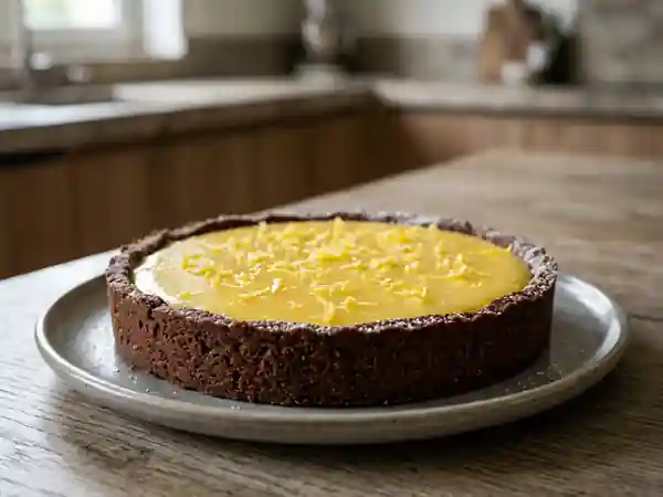 Tarte au citron gourmande avec pâte sablée au chocolat - Photo de présentation