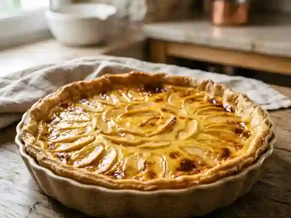 Tarte au flan crémeuse aux pommes caramélisées - Photo de présentation