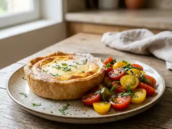 Tarte au fromage blanc onctueuse accompagnée d'une salade fraîche de tomates cerises - Photo de présentation