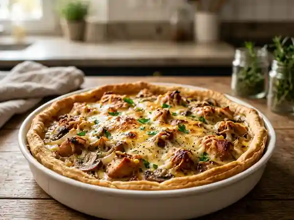 Tarte poulet champignons, dorée et fondante - Photo de présentation
