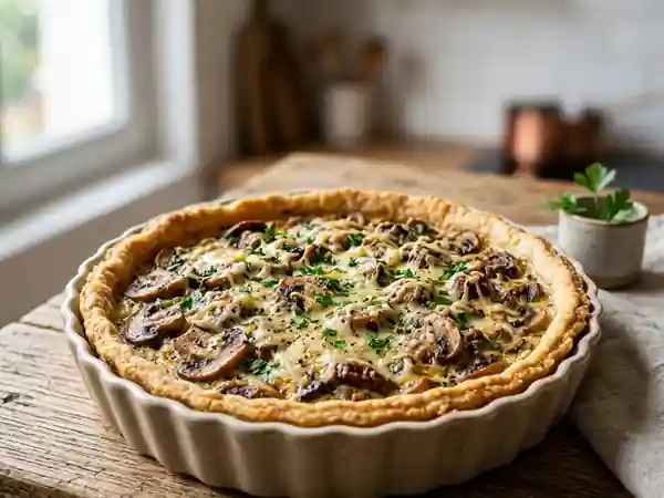 Tarte aux champignons frais fondante et savoureuse - Photo de présentation