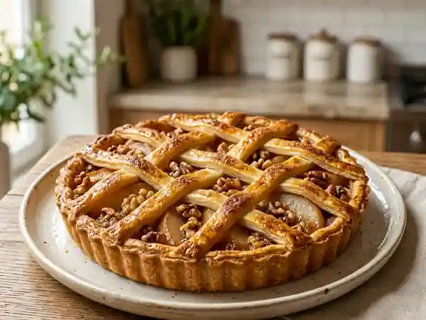 Tarte aux poires et noix avec croisillons dorés - Photo de présentation
