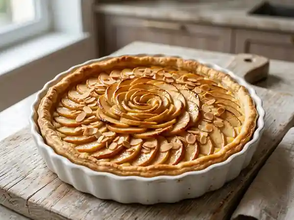Tarte aux pommes crémeuse et amandes croquantes - Photo de présentation