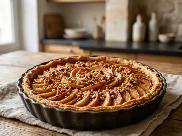 Tarte aux pommes fondante à la cannelle et praliné croustillant - Photo de présentation