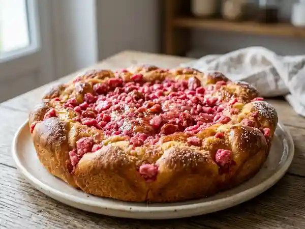 Tarte briochée fondante aux pralines roses - Photo de présentation