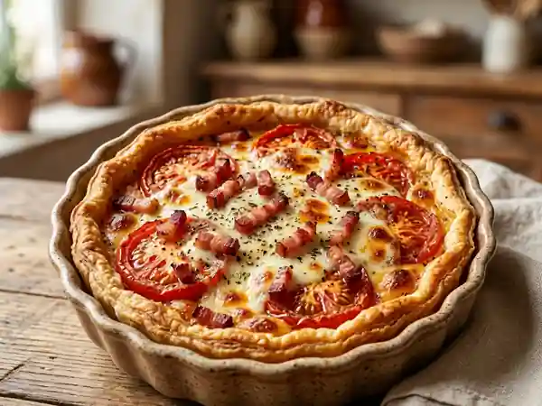 Tarte croustillante tomate, mozza et lardons fumés - Photo de présentation