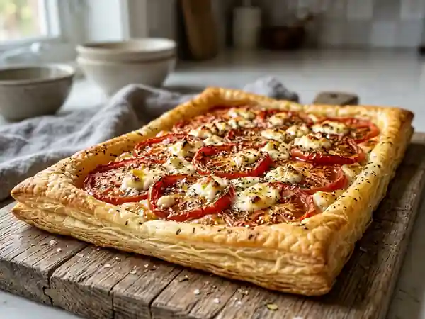 Tarte fine à la tomate et fromage de chèvre fondant - Photo de présentation