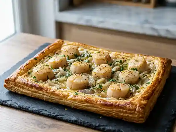 Tarte fine Saint-Jacques et crème d'échalote - Photo de présentation