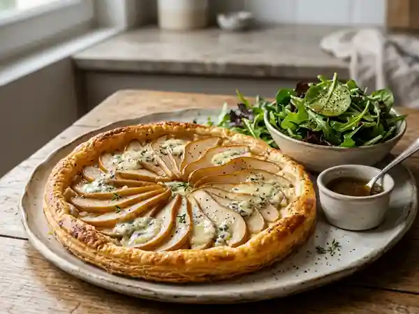 Tarte fine aux poires et roquefort avec vinaigrette au Banyuls - Photo de présentation