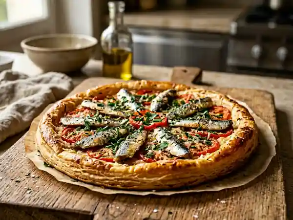 Tarte fine aux sardines et tomates fondantes - Photo de présentation