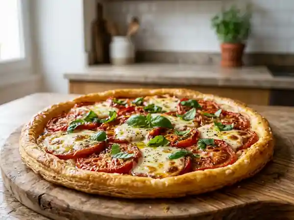 Fine tarte croustillante tomate et basilic - Photo de présentation