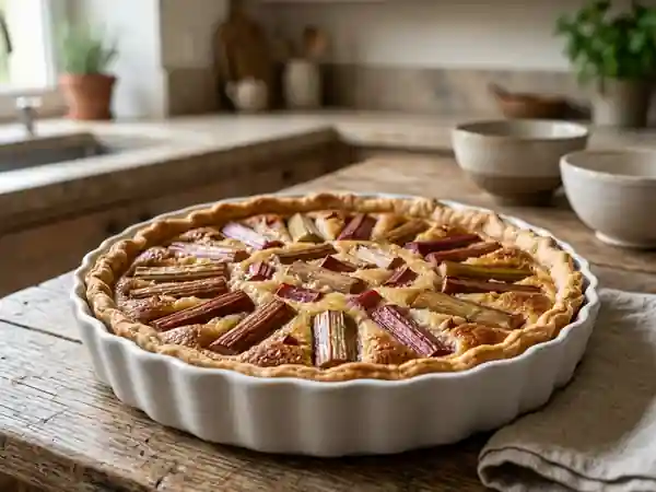 Tarte fondante à la rhubarbe et aux amandes, un dessert gourmand et fruité - Photo de présentation