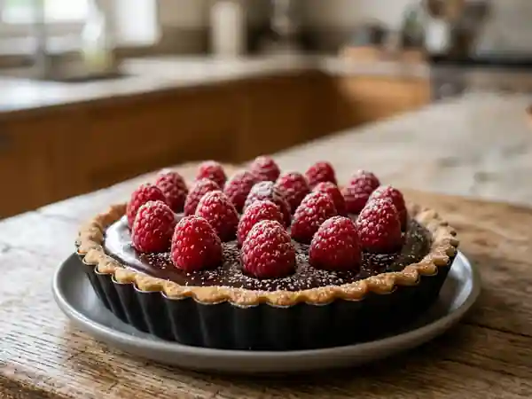 Tarte fondante au chocolat et framboises fraîches - Photo de présentation