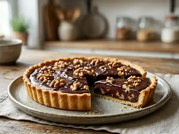 Tarte fondante chocolat noir et éclats de noix - Photo de présentation