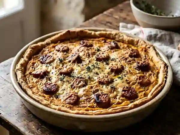 Tarte fondante au potiron et chipolatas grillées - Photo de présentation