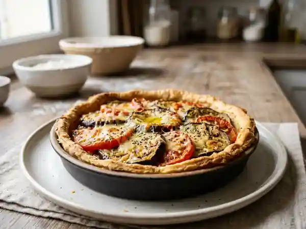 Tarte fondante aux aubergines, tomates fraîches et parmesan - Photo de présentation