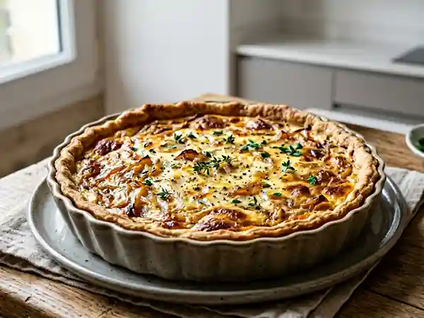 Tarte fondante aux oignons caramélisés et carré frais - Photo de présentation
