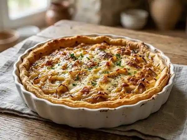 Tarte fondante aux oignons caramélisés et fromage râpé - Photo de présentation