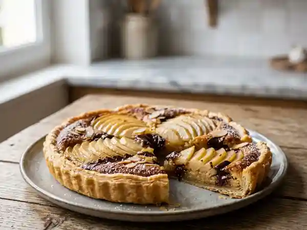 Tarte frangipane gourmande aux poires et chocolat fondant - Photo de présentation
