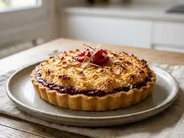 Tarte gourmande à la confiture de framboise et noix de coco - Photo de présentation
