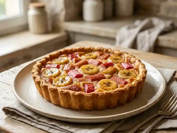 Tarte gourmande à la rhubarbe et bananes caramélisées - Photo de présentation