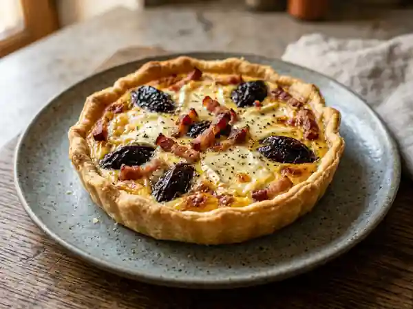 Tarte gourmande au chèvre, lard croustillant et pruneaux fondants - Photo de présentation