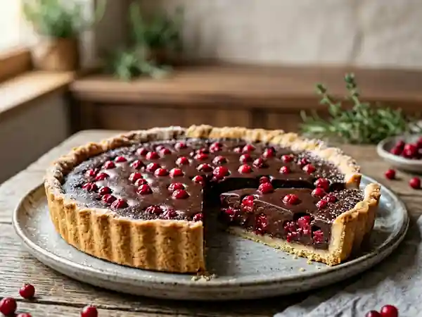 Tarte gourmande au chocolat noir et airelles fraîches - Photo de présentation