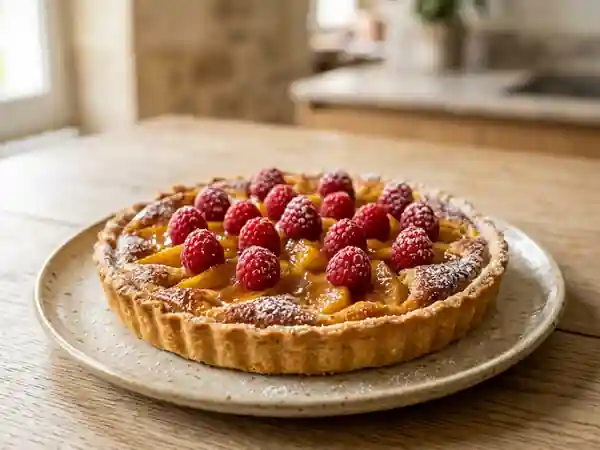 Tarte fondante coing caramélisé et framboise - Photo de présentation