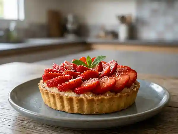 Tarte gourmande aux fraises et noix de coco - Photo de présentation