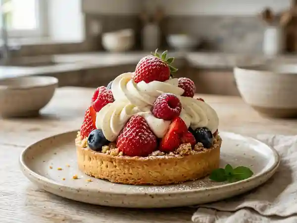Tarte gourmande aux fruits rouges frais et chantilly maison - Photo de présentation