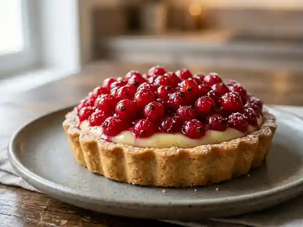 Tarte gourmande aux groseilles rouges et crème pâtissière - Photo de présentation