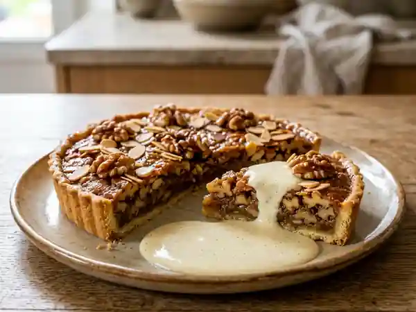 Tarte gourmande aux noix et amandes avec crème anglaise onctueuse - Photo de présentation