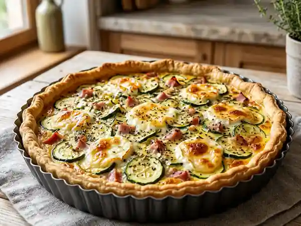 Tarte légère aux courgettes, jambon et chèvre gratiné - Photo de présentation