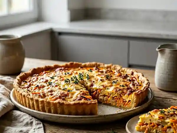Tarte maison savoureuse aux carottes et oignons - Photo de présentation