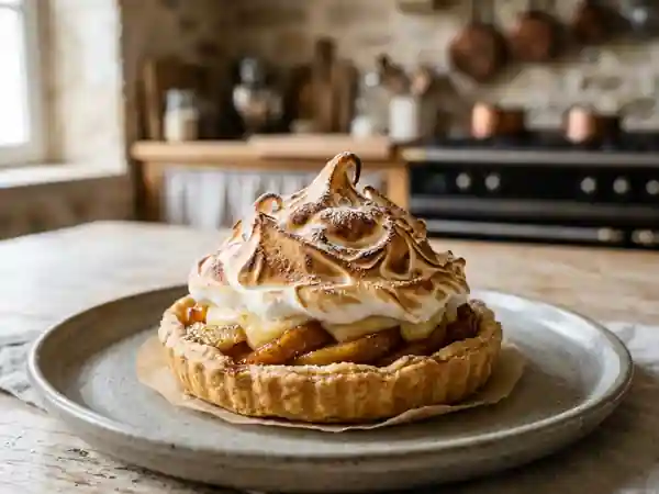 Tarte pommes-crème fondante sous meringue - Photo de présentation