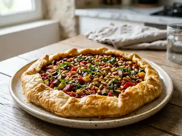 Tarte rustique à la ratatouille maison et pignons grillés - Photo de présentation