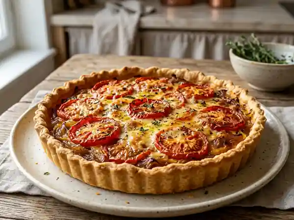 Tarte croustillante aux oignons confits et tomates - Photo de présentation