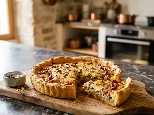 Tarte rustique aux oignons caramélisés et lardons croustillants - Photo de présentation
