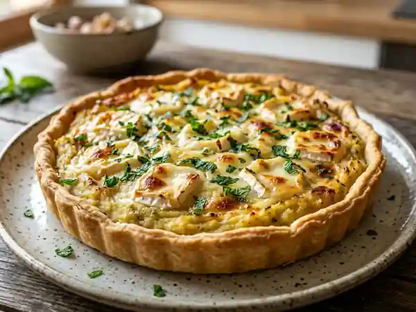 Tarte savoureuse à la purée de pommes de terre, chèvre frais et menthe - Photo de présentation