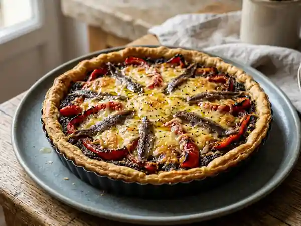 Tarte savoureuse à la tapenade, poivrons grillés et anchois - Photo de présentation