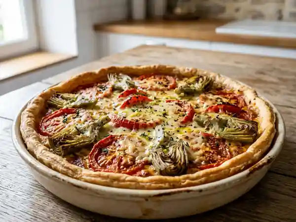 Tarte savoureuse à la tomate, gingembre frais et artichauts fondants - Photo de présentation
