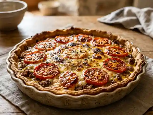 Tarte savoureuse au bœuf et tomates fraîches - Photo de présentation