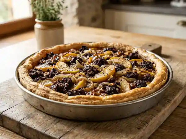 Tarte savoureuse au boudin noir et pommes caramélisées - Photo de présentation