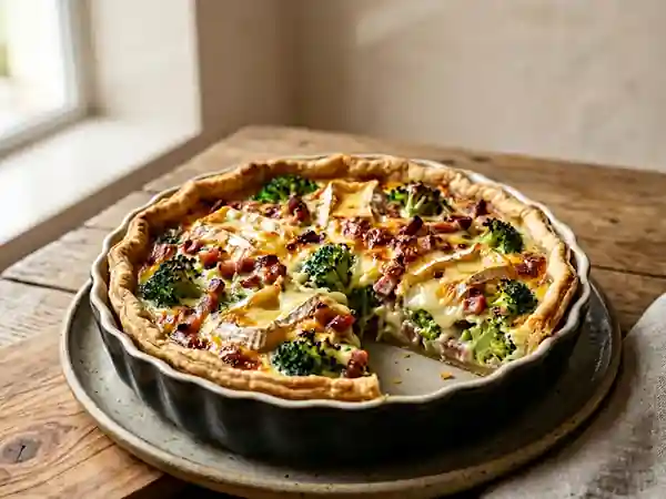 Tarte savoureuse au brocoli, bacon croustillant et camembert fondant - Photo de présentation