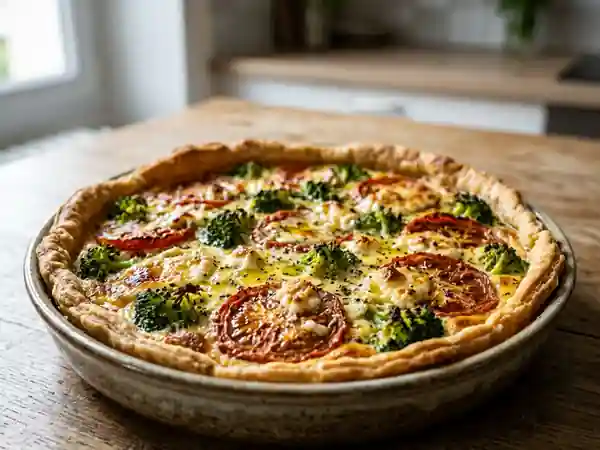 Tarte savoureuse au chèvre, brocoli et tomate - Photo de présentation