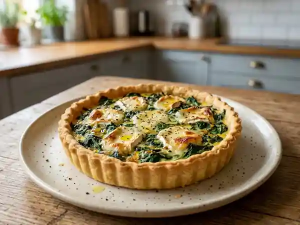 Tarte savoureuse au chèvre et épinards frais - Photo de présentation