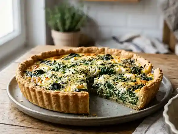 Tarte savoureuse au chèvre frais et épinards fondants - Photo de présentation