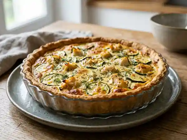 Tarte savoureuse au crabe et courgettes fraîches - Photo de présentation